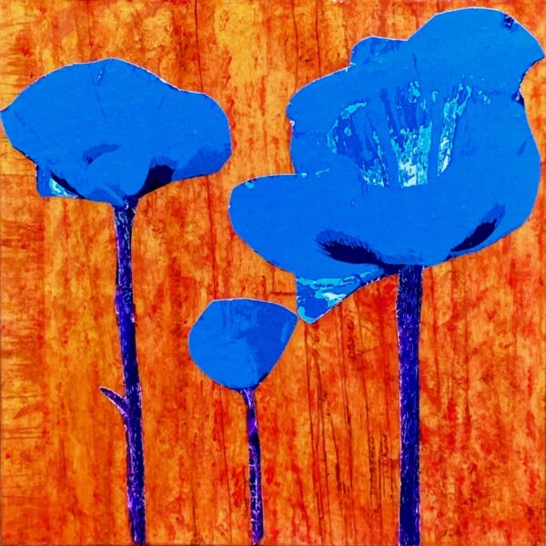 Blue Poppies on Coccinella, collages on acrylic painting, 8 x 8", 2021